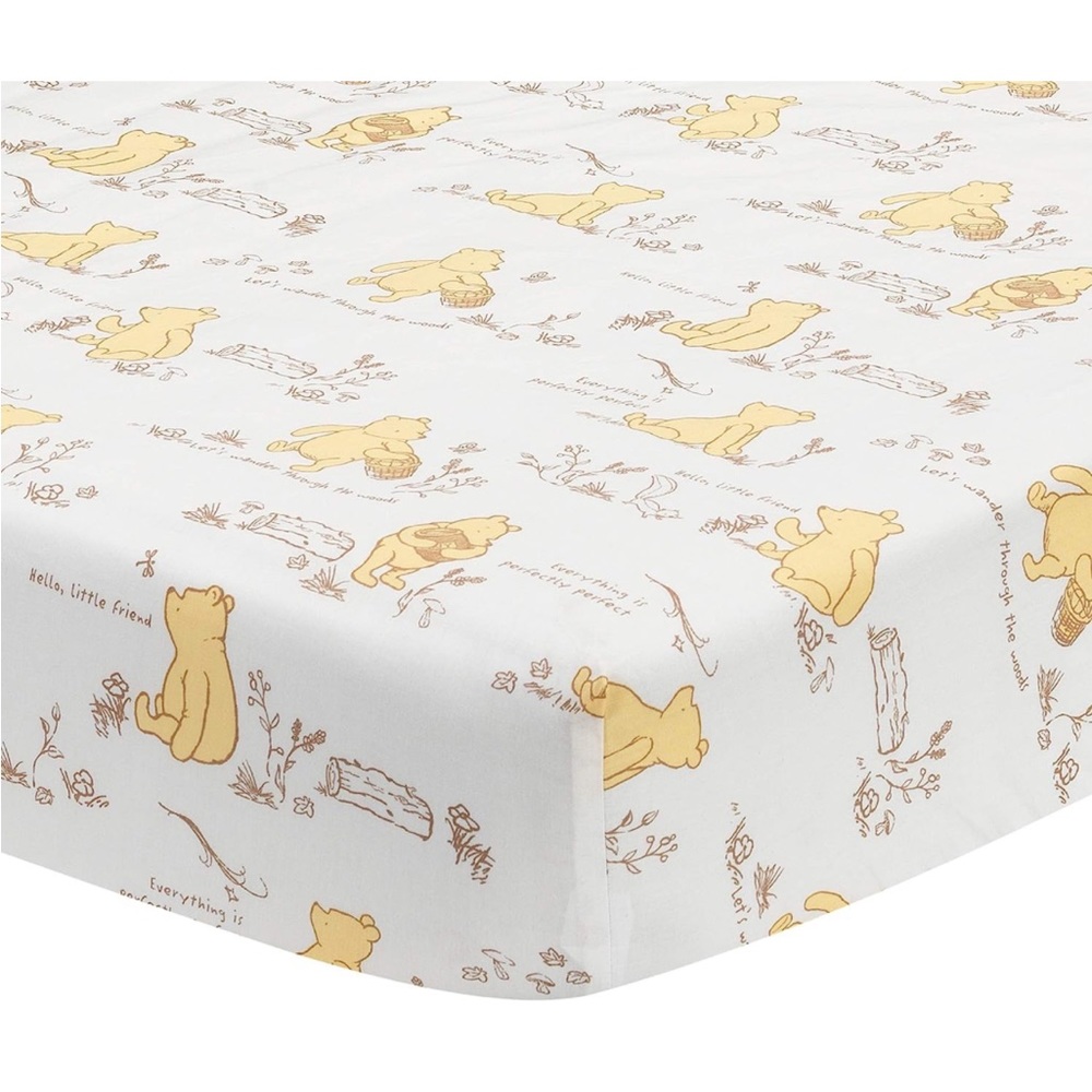 NEW Lambs & Ivy Disney Baby Storytime Pooh 100% Cotton Fitted Crib Sheet - White